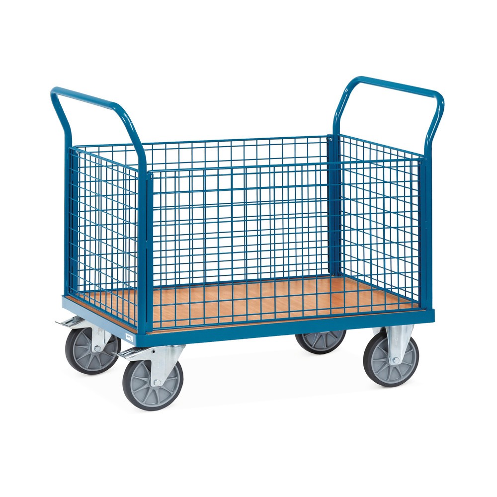 Image of Plattformwagen fetra® mit Holzwerkstoffplatte und Gitterwänden Im laufenden Betrieb werden Waren zum Teil auch vor den Augen der Kunden transportiert. Der Plattformwagen fetra® mit Holzwerkstoffplatte in Buchendekor verfügt über ein modernes Design mit fa