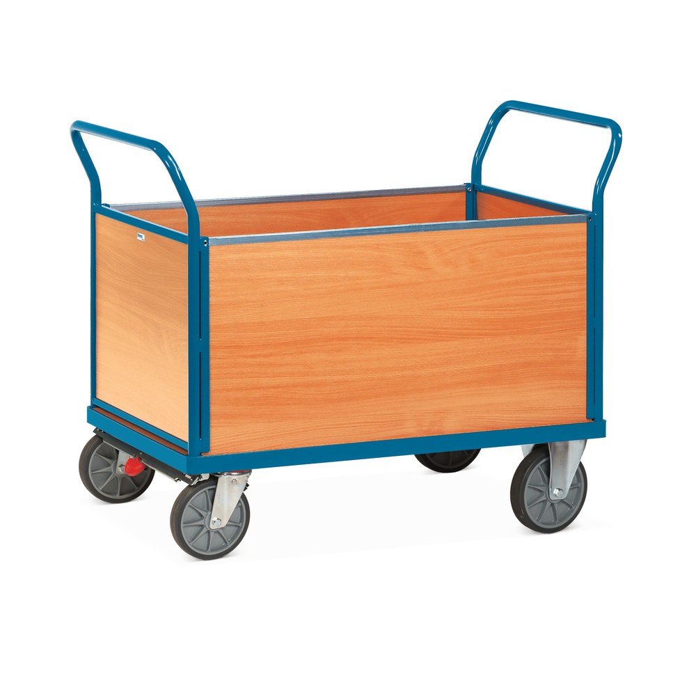 Image of Pulverbeschichteter Plattformwagen fetra® mit 4 Holzwänden Dieser stabile Plattformwagen aus geschweisstem Stahlrohr und Profilstahl in Premium-Qualität ist für den vielseitigen, professionellen Einsatz konstruiert. Die Plattform besteht aus einer Holzwer