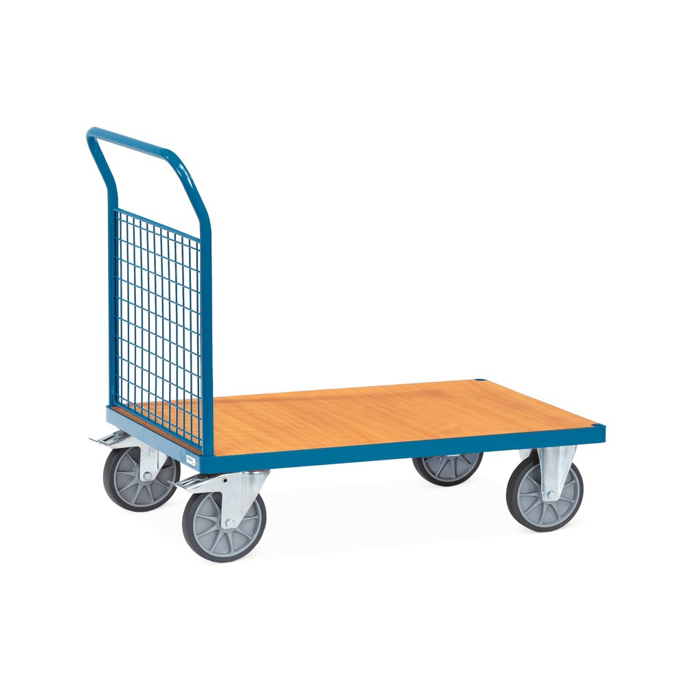 Image of Plattformwagen fetra® mit Holzwerkstoffplatte und Gitter-Stirnwand Im laufenden Betrieb werden Waren zum Teil auch vor den Augen der Kunden transportiert. Der Plattformwagen fetra® mit Holzwerkstoffplatte in Buchendekor verfügt über ein modernes Design mi