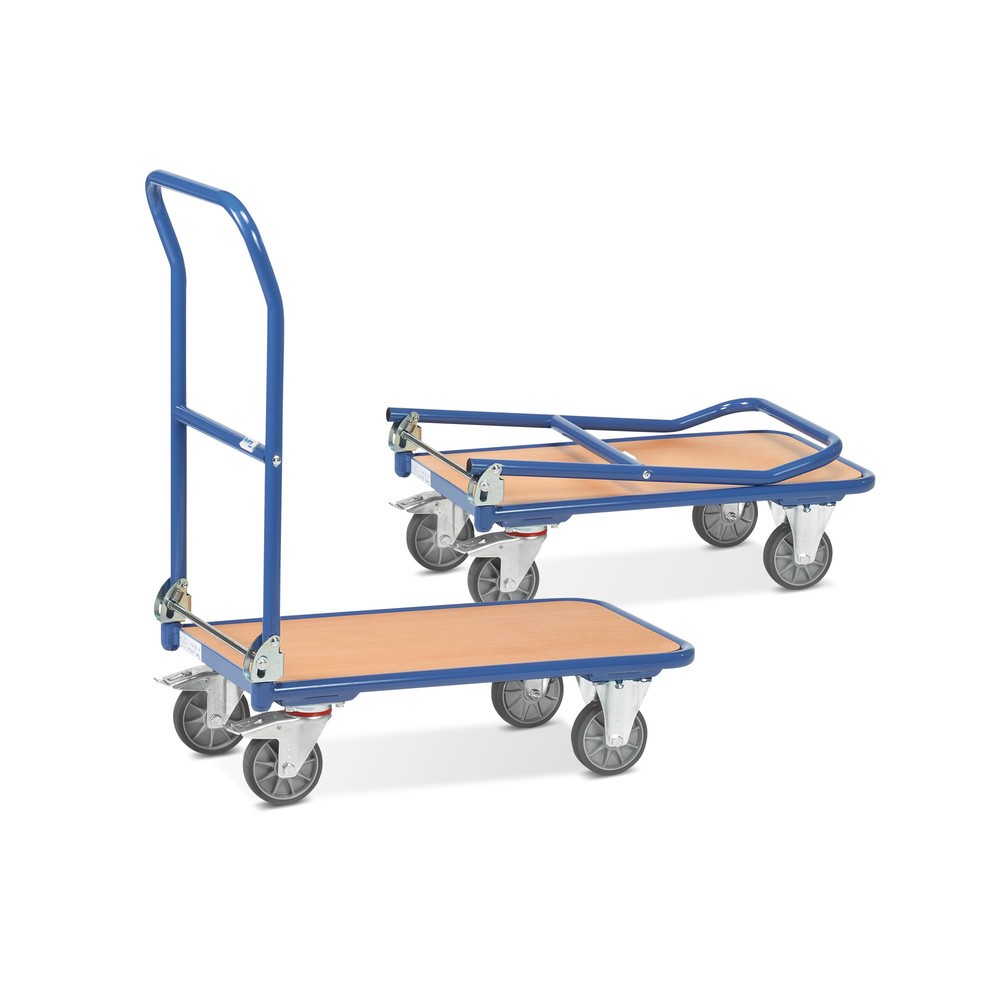 Image of Gross in Qualität und Handhabung, klein in der Lagerung Dieser Plattformwagen von fetra® mit Holzladefläche bietet gewohnte Qualität und eine Tragkraft von 250 kg. Dabei hat er noch den Vorzug, schnell und kompakt verstaut werden zu können. Der einklappba