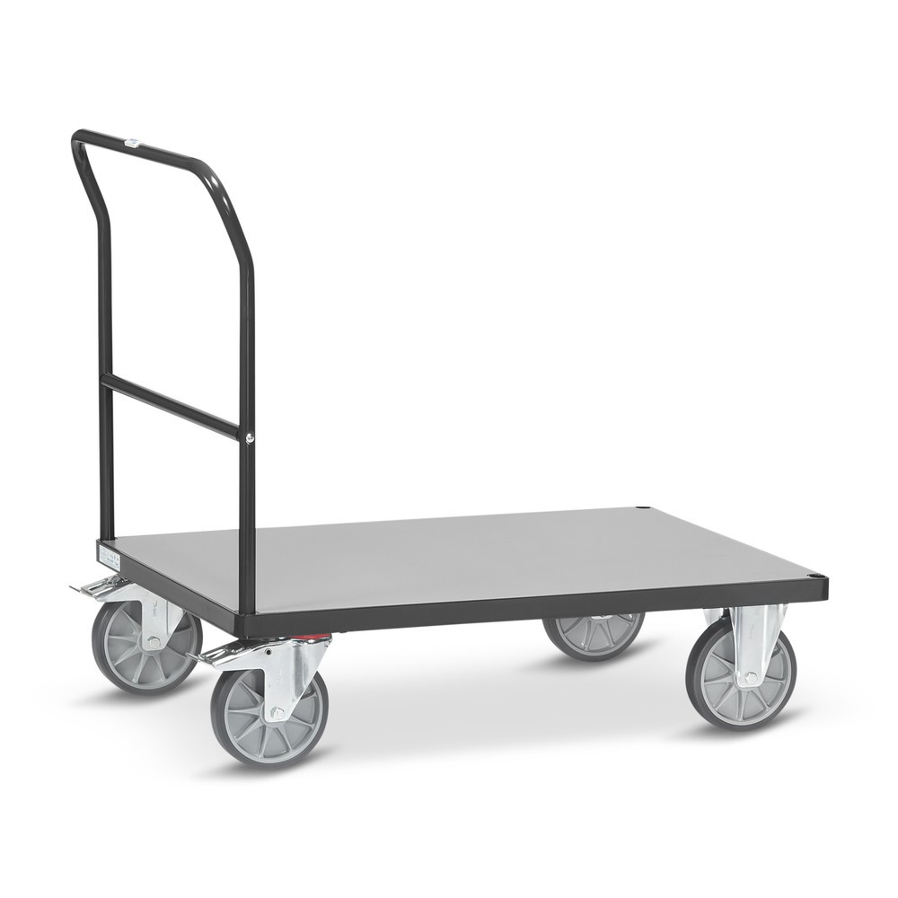 Image of Plattformwagen fetra® mit Schiebebügel Im laufenden Betrieb werden Waren zum Teil auch vor den Augen der Kunden transportiert. Der Plattformwagen fetra® mit Holzwerkstoffplatte in Buchendekor verfügt über ein modernes Design mit farbig lackierten Gestell.