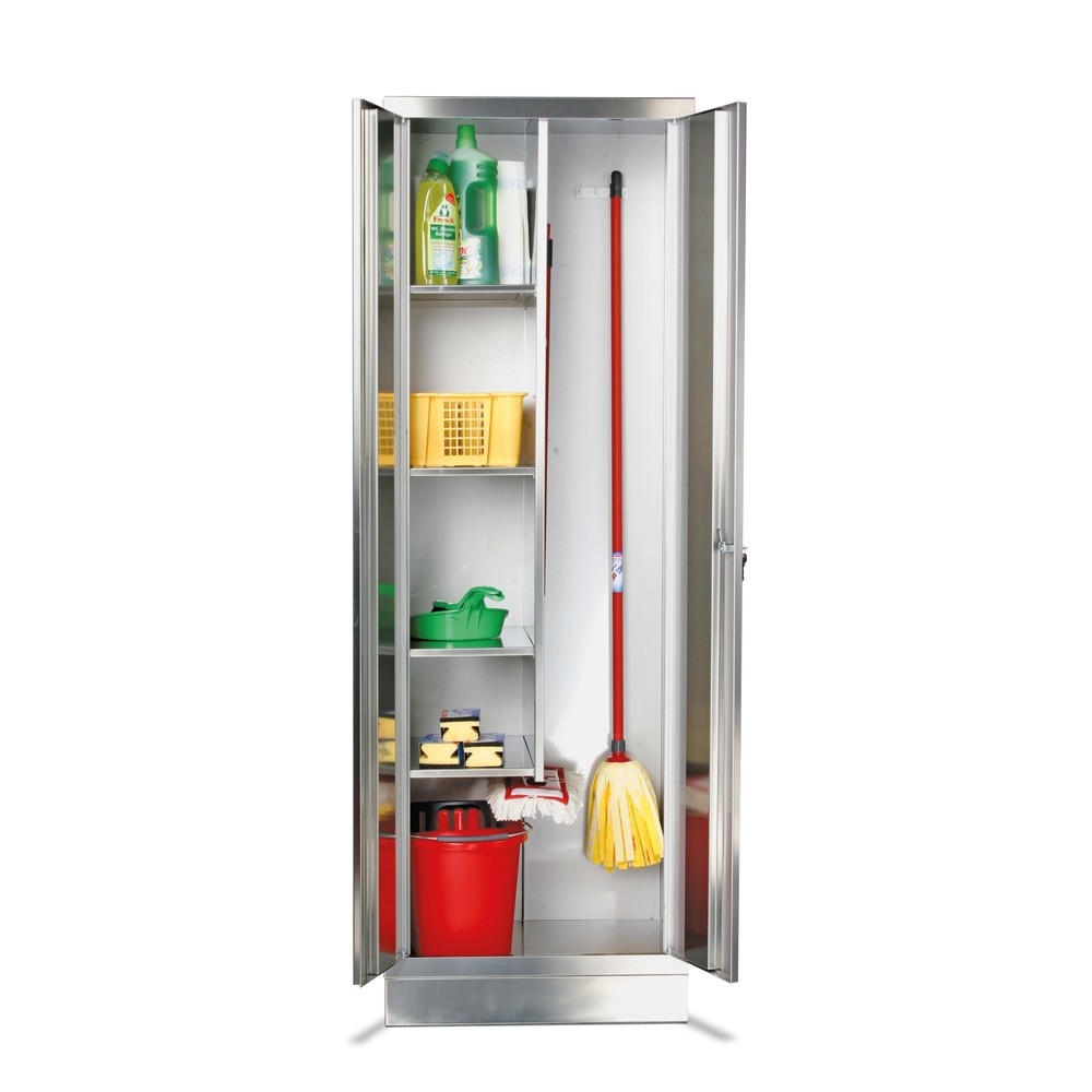Image of Flügeltürschrank aus Edelstahl zur Aufbewahrung von Putzausrüstung Dieser Flügeltürschrank mit Besenhaltern kann in sämtlichen Arbeitsbereichen für die Aufbewahrung Ihrer Putzgeräte und Putzmittel genutzt werden. Auf diese Weise haben Sie alle benötigten 