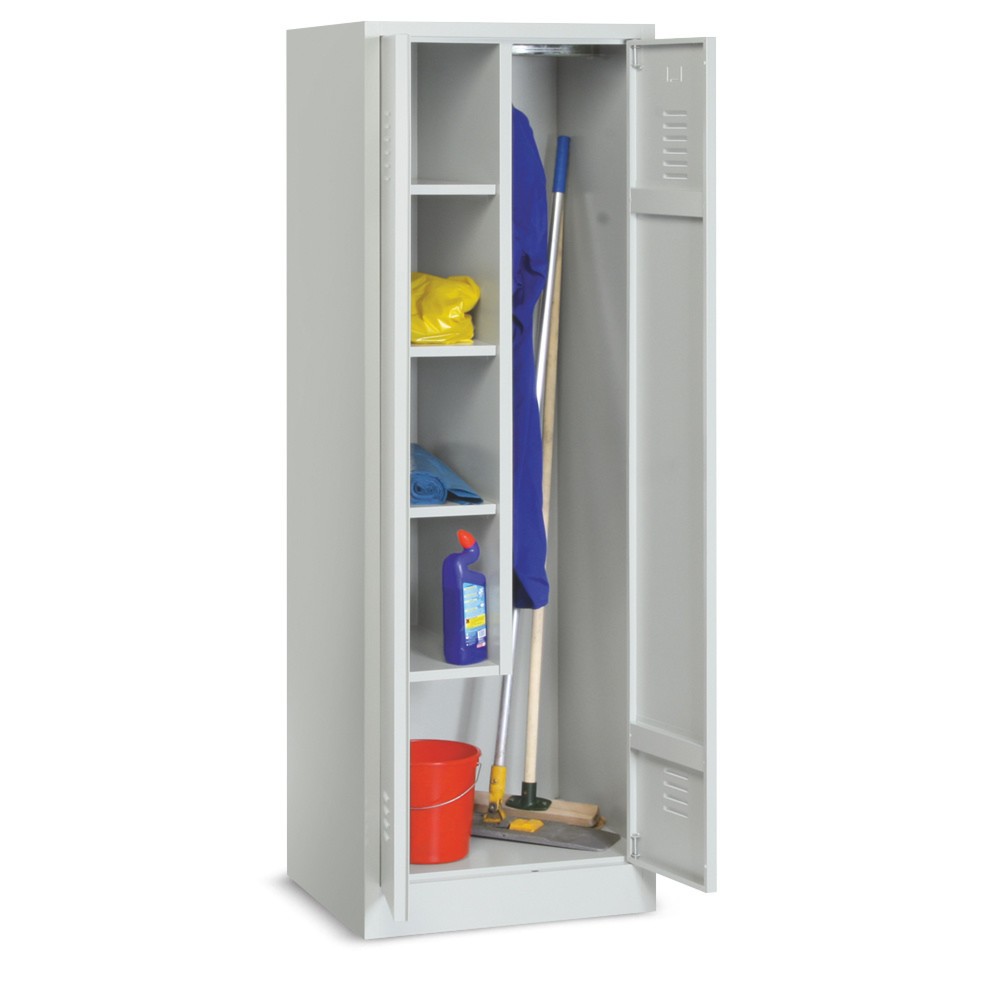 Image of Schneller Zugriff auf Arbeitsmaterialien dank Putzmittelschrank BASIC mit Doppelflügeltür In diesem Putzmittelschrank aus Metall lagern Sie platzsparend Besen, Eimer und Reinigungsmittel sowie Arbeitskleidung. Um die Bildung von Gerüchten durch die Putzmi