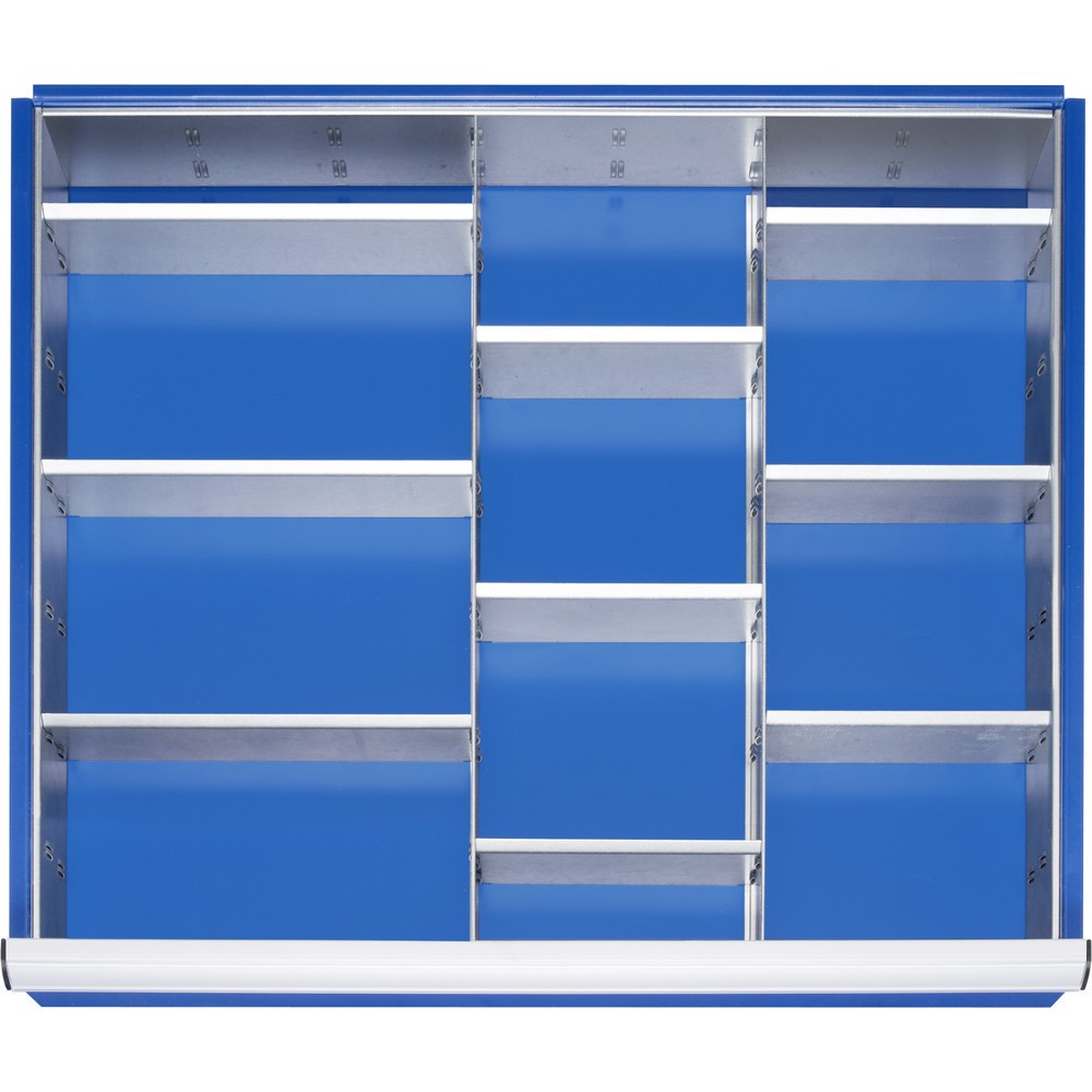 Image of Kleinteileeinsatz Höhe 90 mm zum Einsetzen in die Schublade. Mit 24 Fächern (16 x B128xT128 mm und 8 x B60xT128 mm). Hinweis: Eine Anti-Rutsch-Matte kann zusätzlich verwendet/eingelegt werden.RAU Einteilungsset für Schublade, HxBxT 47 x 680 x 560 mm, mit 