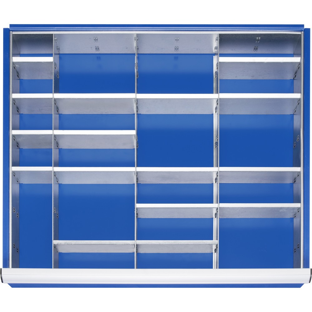 Image of Kleinteileeinsatz Höhe 90 mm zum Einsetzen in die Schublade. Mit 24 Fächern (16 x B128xT128 mm und 8 x B60xT128 mm). Hinweis: Eine Anti-Rutsch-Matte kann zusätzlich verwendet/eingelegt werden.RAU Einteilungsset für Schublade, HxBxT 90 x 680 x 560 mm, mit 