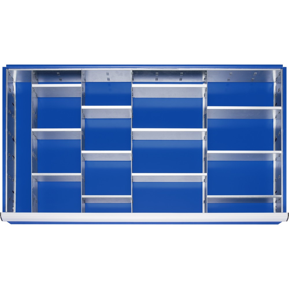 Image of 1 x Rasterleisten-Basis-Set (4-teilig) zum Einsetzen in die Schublade, enthält Prägungen zur Aufnahme der Trennwände und Trennbleche. 4 x Trennwand zum Einsetzen in die Tiefe (4x560 mm), enthält Prägungen zur Aufnahme der Trennbleche. 12 x Trennblech zum 