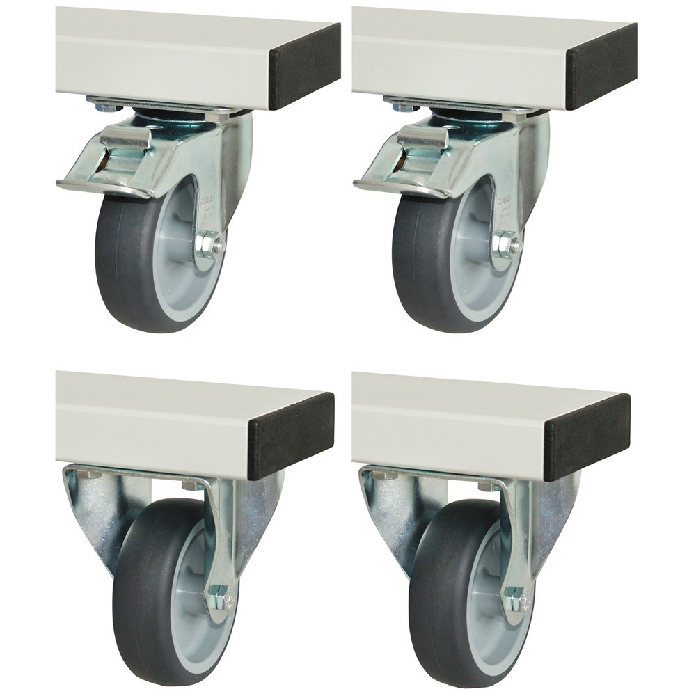 Image of Zur mobilen Ausstattung der Werktische Serie adlatus 300 und der Werkbänke Serie adlatus 600. Auch zur Nachrüstung geeignet. Rollendurchmesser 100 mm, Bauhöhe 125 mm, Laufbelag aus thermoplastischem Gummi (grau, sprulos, 85° Shore), Radkörper aus Polyprop