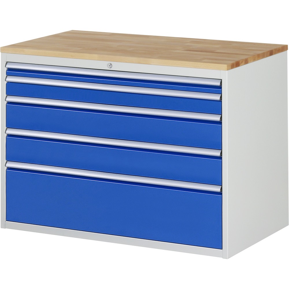 Image of Schrank oben inkl. Metallauflage mit 3-seitigem Abrollrand und Anti-Rutsch-Matte, Höhe 25 mm. 5 x Schublade-Grösse-XXL 4xH180, 1xH210 mm. Schublade-Grösse-XXL (innen B1055 x T560 mm, Tragkraft 50 kg). Die Nutzhöhe der Schublade entspricht der Fronthöhe ab