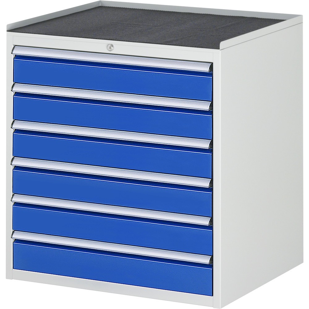 Image of Schrank oben inkl. Metallauflage mit 3-seitigem Abrollrand und Anti-Rutsch-Matte, Höhe 25 mm. 6 x Schublade-Grösse-XL 6xH120 mm. Schublade-Grösse-XL (innen B680 x T560 mm, Tragkraft 75 kg). Die Nutzhöhe der Schublade entspricht der Fronthöhe abzgl. 15 mm.