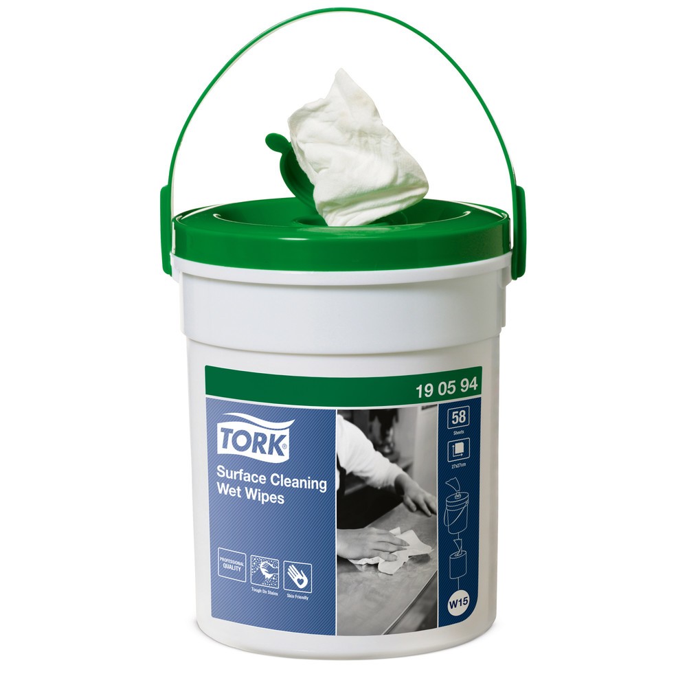 Image of Reinigungstücher TORK® im Spendereimer – effektive Reinigung ohne Wasser Mit den Reinigungstüchern von TORK® im Tücher-Spender beseitigen Sie Öl, Schmutz und Fett von Händen und Oberflächen. Die chlorfrei gebleichten Vlies-Reinigungstücher sind mit einer 