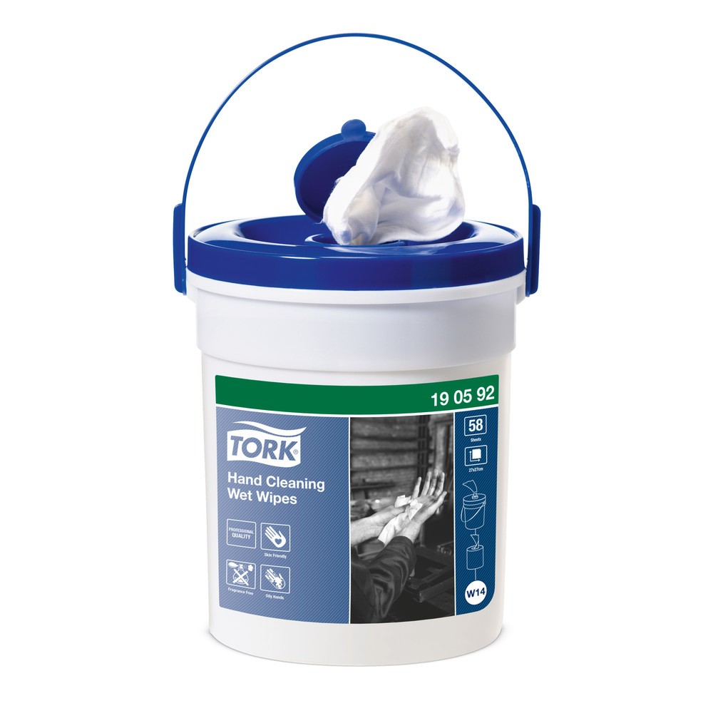 Image of Reinigungstücher TORK® im Spendereimer – effektive Reinigung ohne Wasser Mit den Reinigungstüchern von TORK® im Tücher-Spender beseitigen Sie Öl, Schmutz und Fett von Händen und Oberflächen. Die chlorfrei gebleichten Vlies-Reinigungstücher sind mit einer 