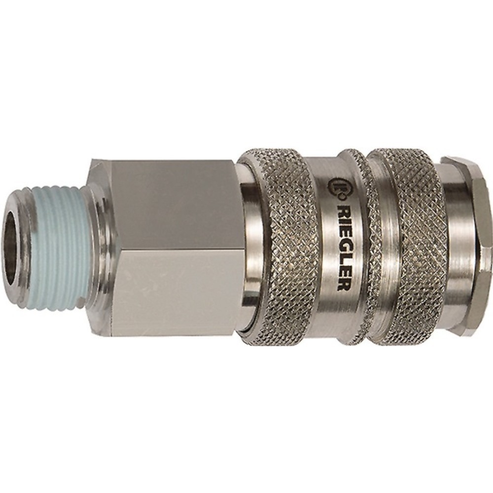 Image of  Durchflussmenge (Luft): 3500l/minRIEGLER Schnellverschlusskupplung, Gewinde R 3/4 ″ 26,44 mm, DN 10 Aussengewinde Stahl / Messing vern. RIEGLER Schnellverschlusskupplung, Gewinde R 3/4 ″ 26,44 mm, DN 10 Aussengewinde Stahl / Messing vern.