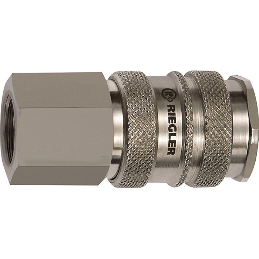 Image of  Durchflussmenge (Luft): 3500l/minRIEGLER Schnellverschlusskupplung, Gewinde G 3/8 ″ 14,95 mm, DN 10 Innengewinde Stahl / Messing vern. RIEGLER Schnellverschlusskupplung, Gewinde G 3/8 ″ 14,95 mm, DN 10 Innengewinde Stahl / Messing vern.