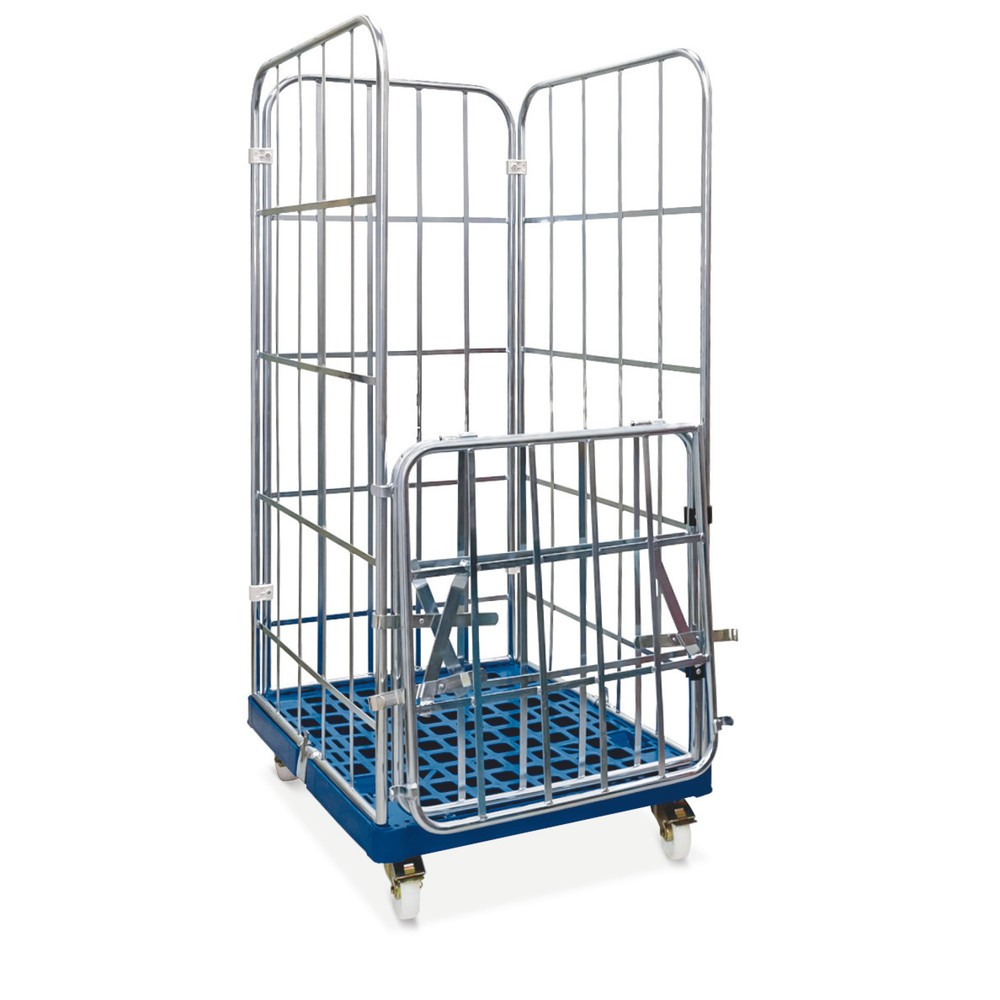 Image of Rollbehälter, 4-seitig, halb abklappbare Vorderwand, Kunststoff-Rollplatte Dieser praktische Rollbehälter eignet sich ideal für den täglichen Einsatz in vielen Arbeitsbereichen. Ausgestattet mit 4 Gitterwänden schützt und stabilisiert er eingelagertes ode