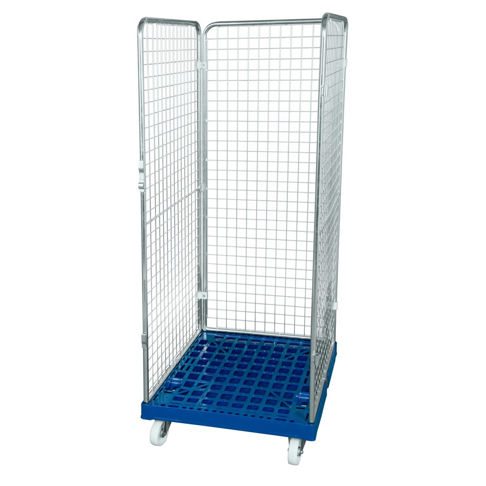 Image of Verzinkter Stahl-Transportroller mit 3-seitigem, engmaschigem Gitteraufbau und HDPE-Plattform Egal in welchem Arbeitsbereich Sie den 3-seitigen, feinmaschigen und blau verzinkten Rollbehälter Classic mit Kunststoff-Rollplatte einsetzen: Er ist der ideale 
