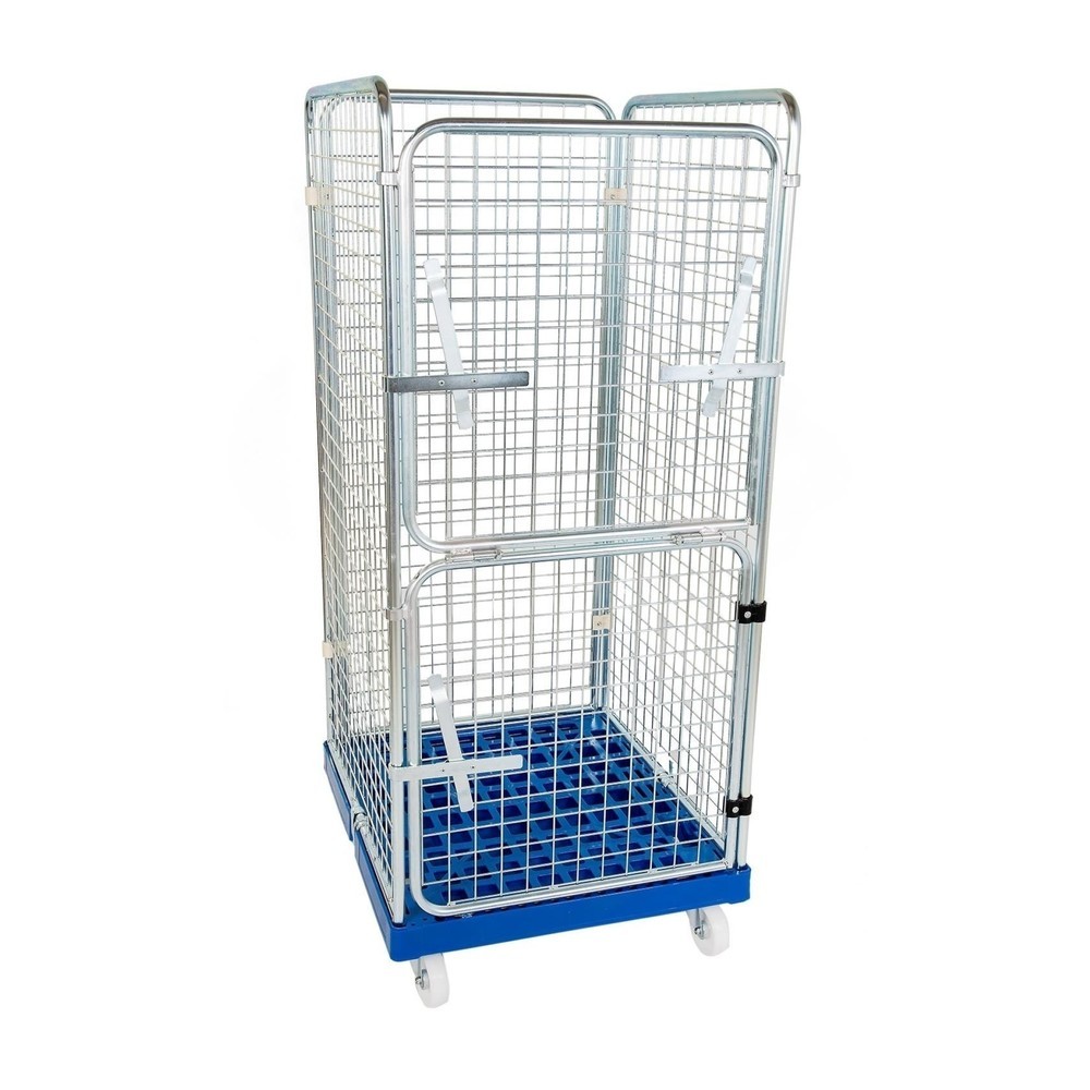 Image of Verzinkter Stahl-Transportroller mit 4-seitigem Gitteraufbau inkl. Klapp-Schwing-Tür samt CT-Verschluss Egal in welchem Arbeitsbereich Sie den 4-seitigen, feinmaschigen und blau verzinkten Rollbehälter Classic mit Kunststoff-Rollplatte und CT-Verschluss e