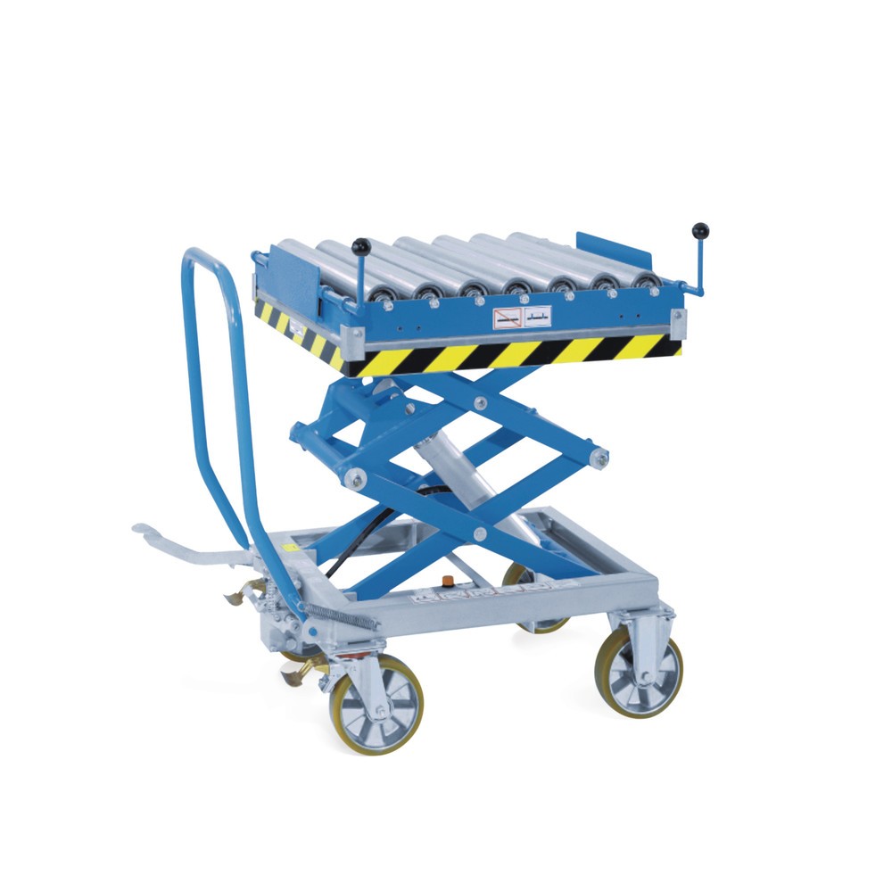 Image of Rollenbahn als Zubehör für Scheren-Hubtischwagen. Tragkraft bis 1000 kg. Abgedichtete Kugellager. Ø Rollen 80 mm, Bauhöhe 115 mm, mit umklappbaren Stoppern an beiden Bahnenden.Rollenbahn für Scheren-Hubtischwagen, à 760 x 760 mm Rollenbahn für Scheren-Hub