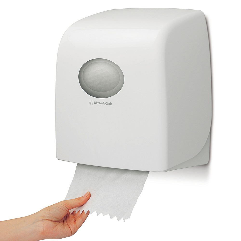 Image of Optimale Hygienevoraussetzungen in Waschräumen mit dem Rollenspender Kimberly-Clark® SLIMROLL in klein Der SLIMROLL Handtuchspender für Papier lässt Sie Handtücher einzeln entnehmen. So haben Sie einen geringeren Verbrauch und produzieren weniger Abfall. 