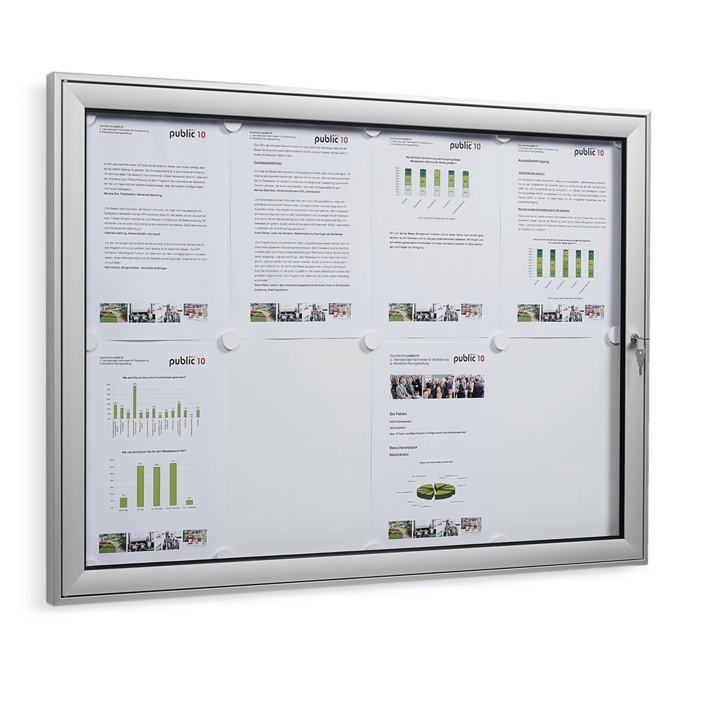 Image of Praktischer Schaukasten mit Flügeltür Mit diesem Flachschaukasten bringen Sie Neuigkeiten, Werbeflyer oder Warnzeichen gut einsehbar an der Wand an. Der Kasteninhalt ist durch ein Schloss sicher vor dem Zugriff Unbefugter geschützt. Die flache Glasvitrine