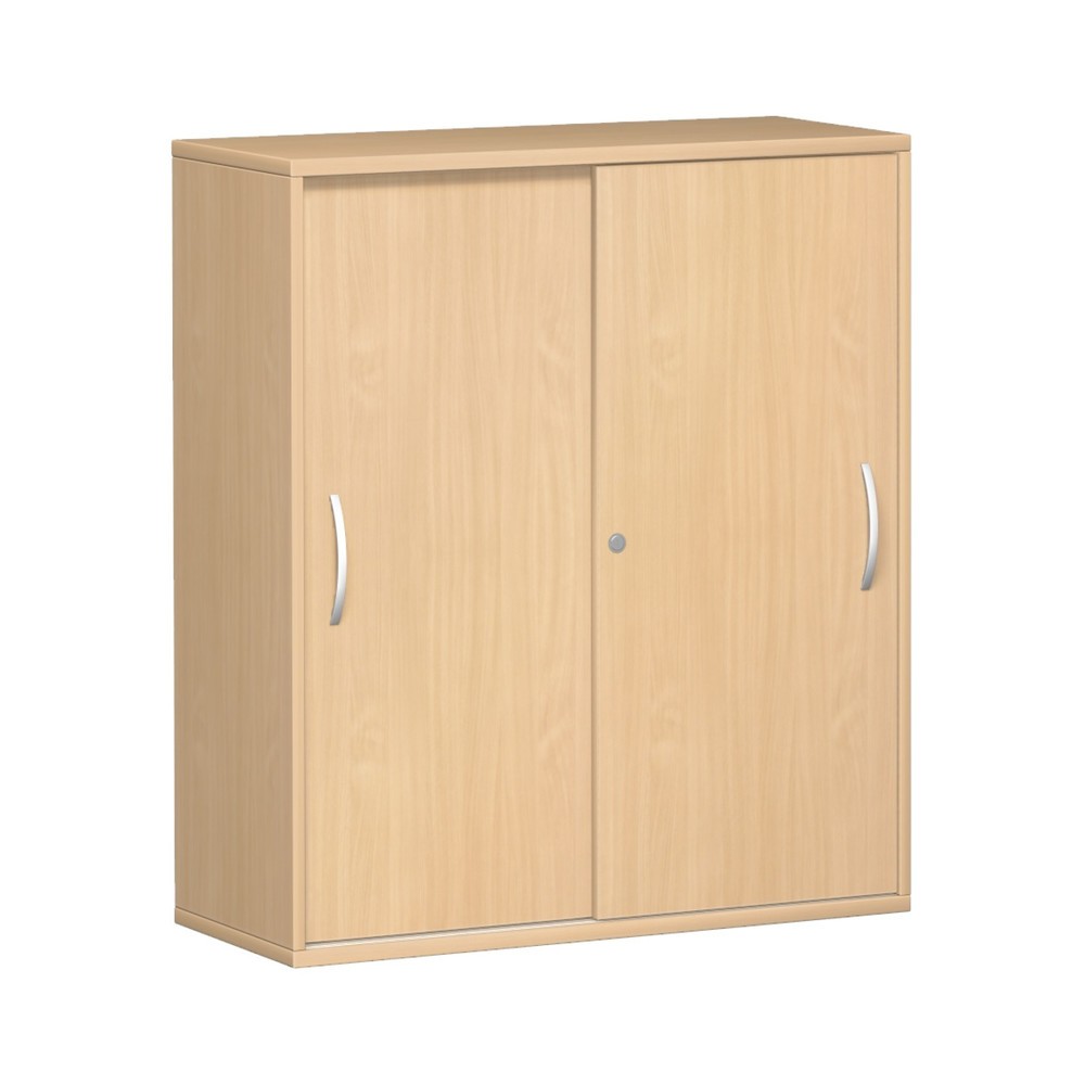 Image of Büroschrank mit Schiebetüren für optimale Stauraumnutzung Büroschränke mit Schiebetüren eignen sich durch den platzsparenden Öffnungsmechanismus auch für den Einsatz in schmalen Räumen. Sowohl Korpus als auch Einlegeböden sind aus unempfindlicher Dreischi