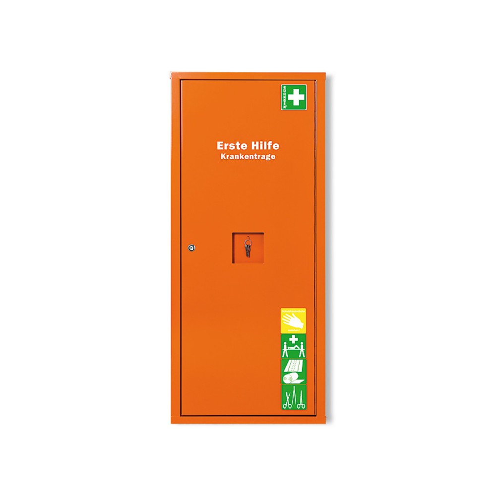 Image of Kompakter Anbau-Schrank für eine Krankentrage SÖHNGEN® SAFE-System Dieser robuste Schrank aus orange lackiertem Qualitätsfeinblech eignet sich für eine raumsparende Wandmontage. Optional ist der Schrank erhältlich mit einer 2x-klappbaren Krankentrage, ein