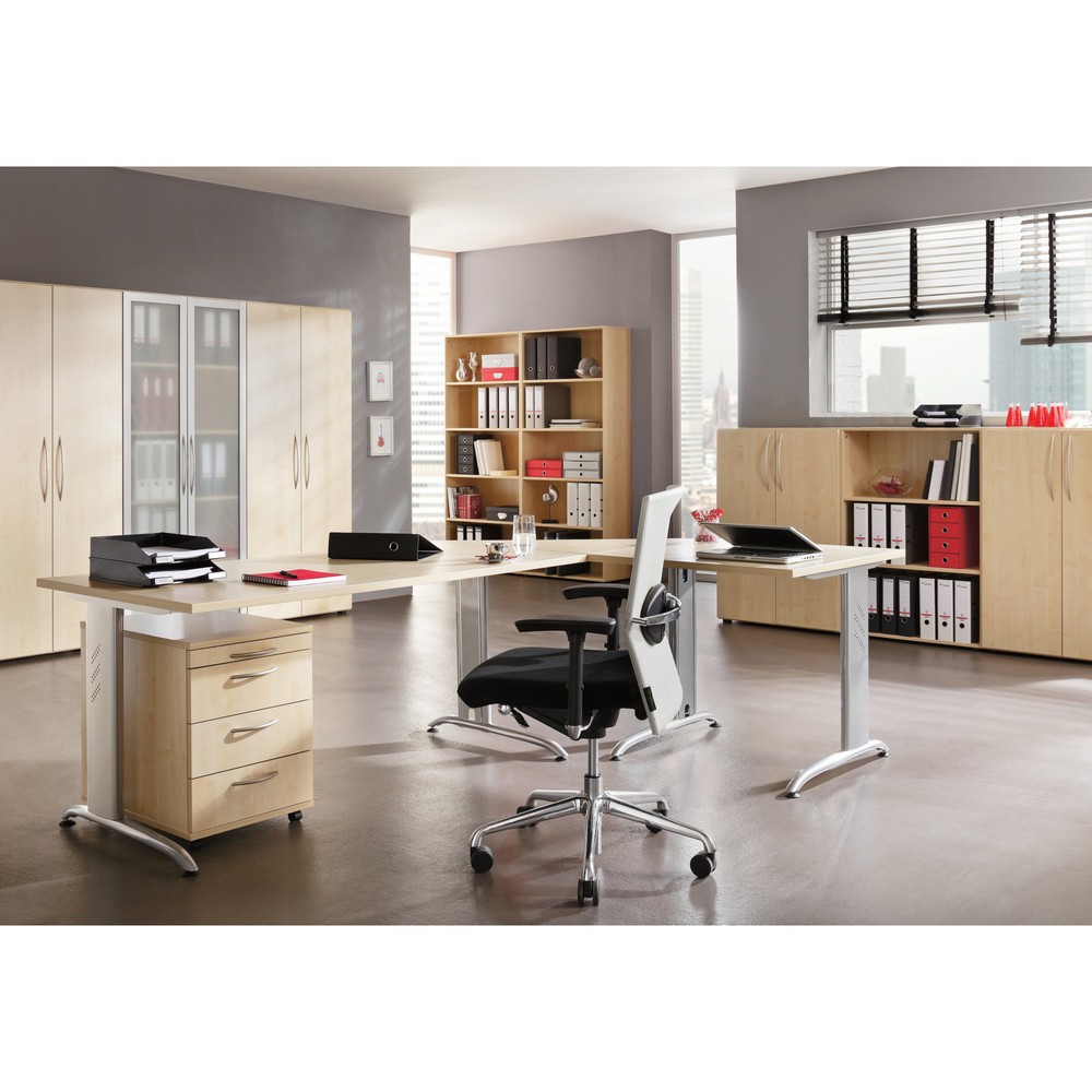 Image of  Masse H x B x T mm: 720 x 2000 x 1200; Farbe: BucheSchreibtisch Akzent, Winkelform 90 °, C-Fuss-Gestell, BxT 2.000 x 1.200 mm, weiss Schreibtisch Akzent, Winkelform 90 °, C-Fuss-Gestell, BxT 2.000 x 1.200 mm, weiss