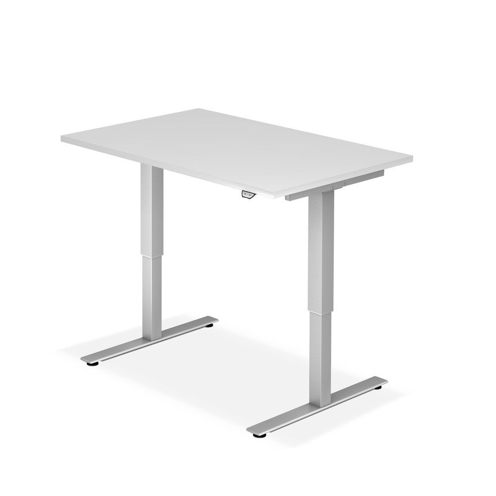 Image of Ergonomischer Schreibtisch für Ihr Büro Der Schreibtisch BASIC, höhenverstellbar besteht aus einem T-Fussgestell aus Stahl und einer strapazierfähigen, melaminharzbeschichteten Spanplatte. Die Ecken und Kanten der rechteckigen Tischplatte sind nach DIN 45