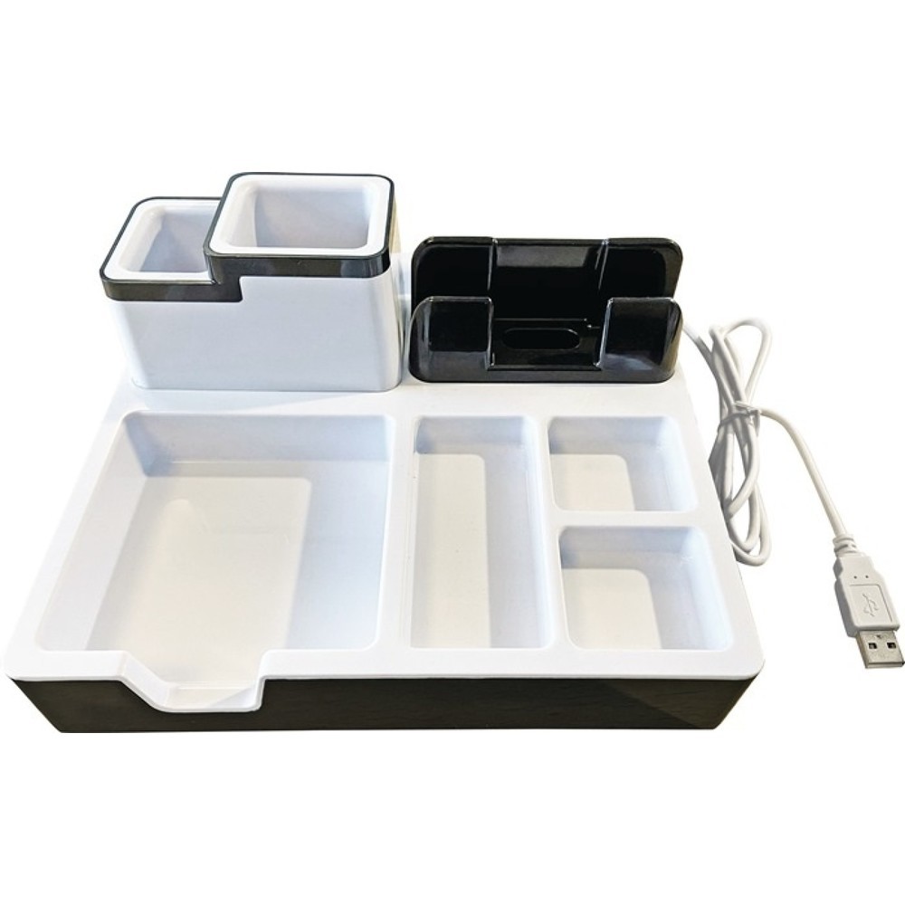 Image of mit 3 USB-Anschlüssen ∙ Platz für Büroklammern, Stifte, Post-It-Blöcke usw. ∙ kompatibel mit fast allen Smartphones und Tablets ∙ Farbe schwarz/weissSchreibtischorganizer TWIN DESK ORGANIZER, Kunststoff schwarz/weiss, B216xT210xH95mm Schreibtischorganizer