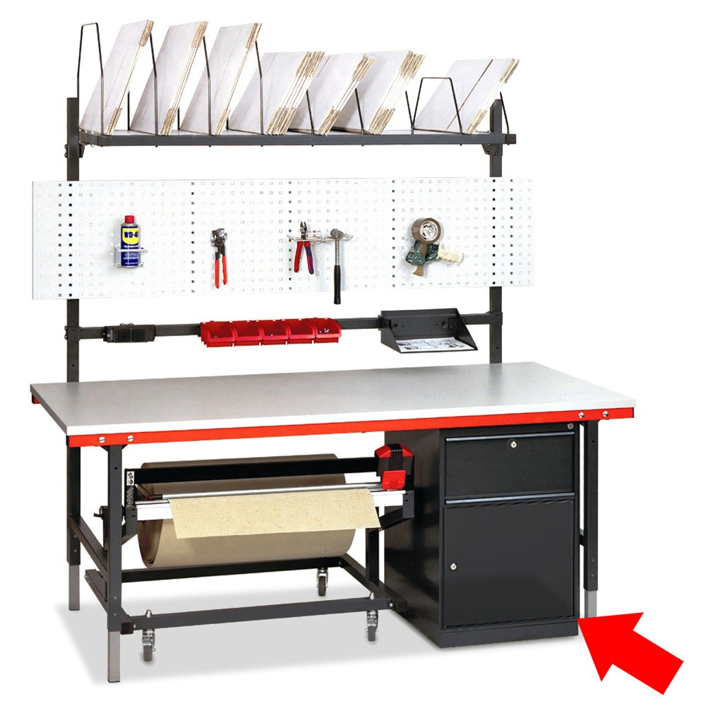 Image of  Aus robustem, pflegeleicht beschichtetem StahlblechSchubladenschrank für Hüdig + Rocholz Packtisch-System, 1 Schublade, 1 Tür Schubladenschrank für Hüdig + Rocholz Packtisch-System, 1 Schublade, 1 Tür