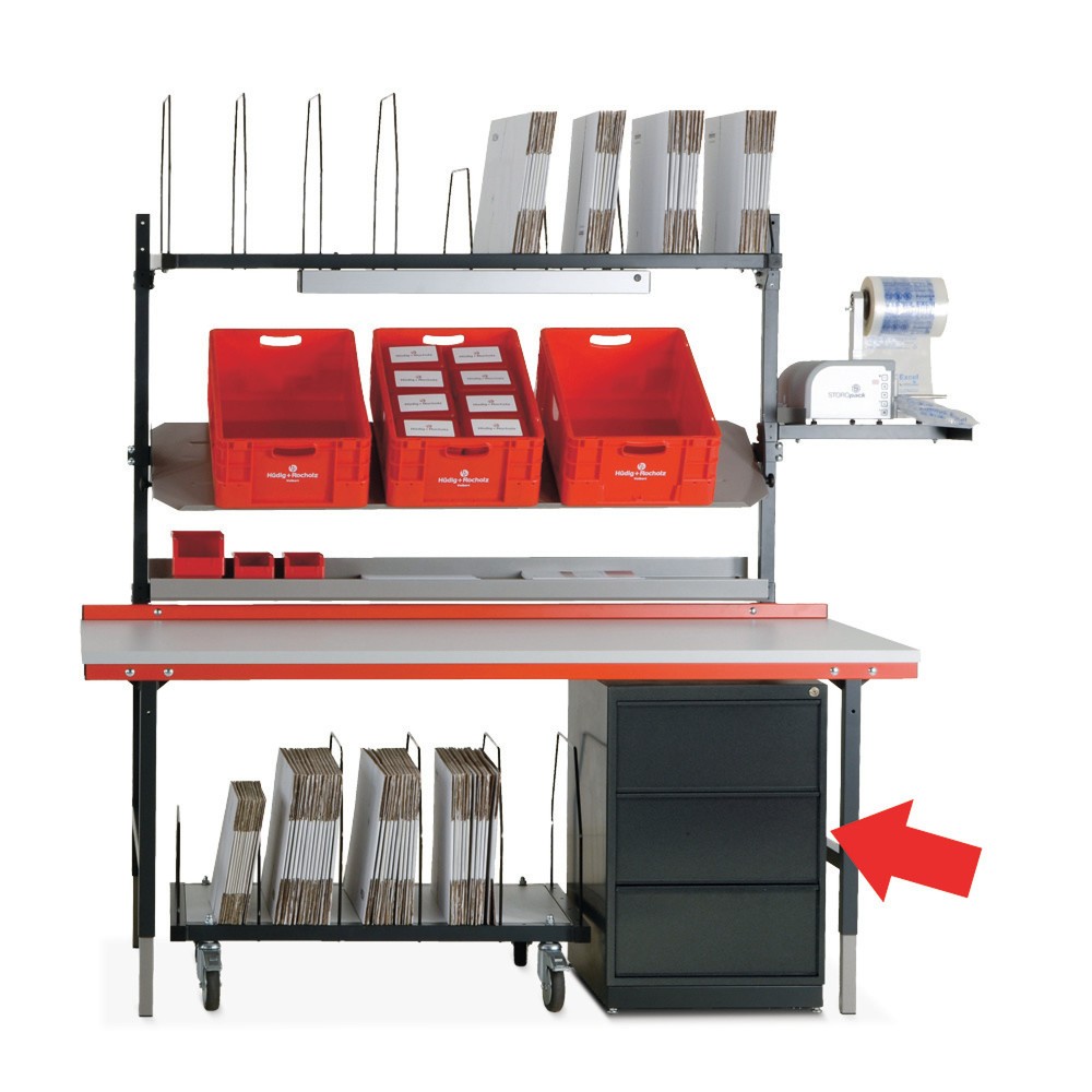 Image of  Aus robustem, pflegeleicht beschichtetem StahlblechSchubladenschrank für Hüdig + Rocholz Packtisch-System, 3 Schubladen Schubladenschrank für Hüdig + Rocholz Packtisch-System, 3 Schubladen