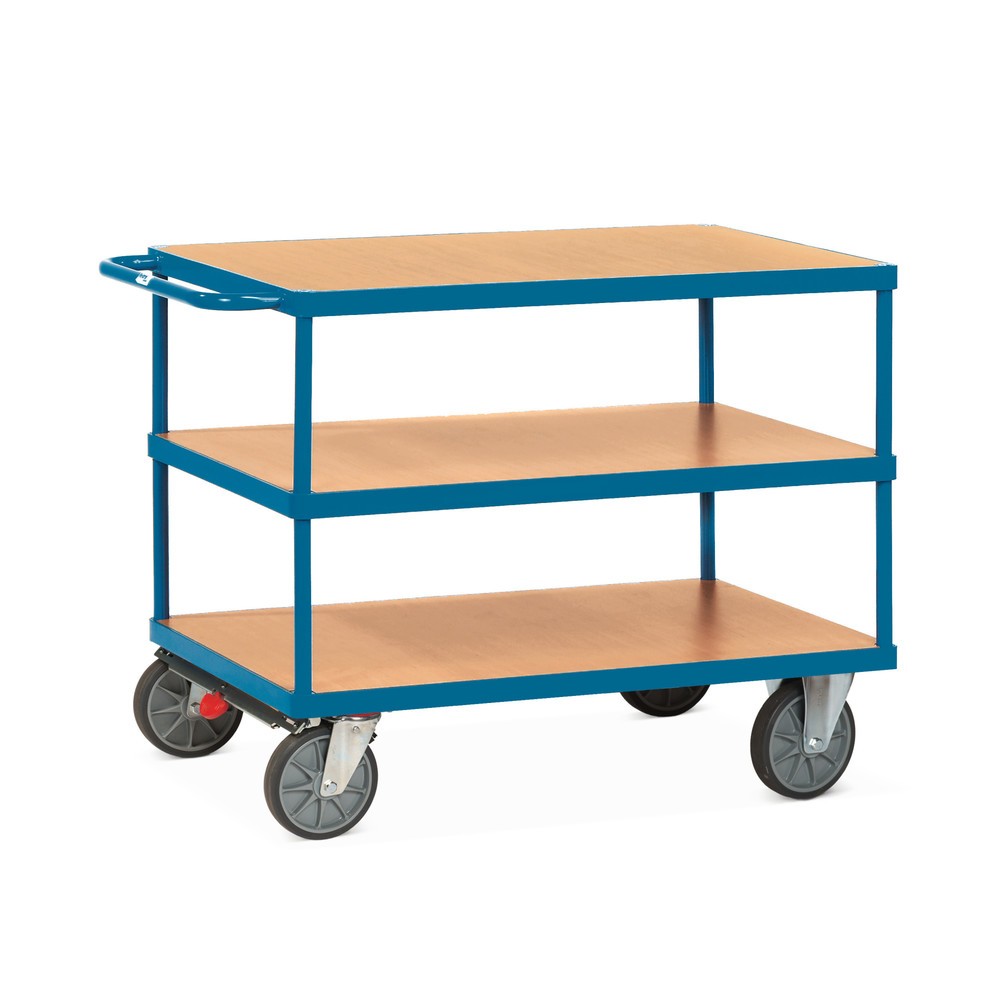 Image of Schwerer Tisch- und Montagewagen fetra® mit pulverbeschichtetem Rahmen Der schlagfeste Tischwagen fetra® ist mit bündig eingelegten Holzböden aus solider Holzwerkstoffplatte mit Buchendekor auf der Oberfläche ausgestattet. Ein waagerechter Schiebebügel un