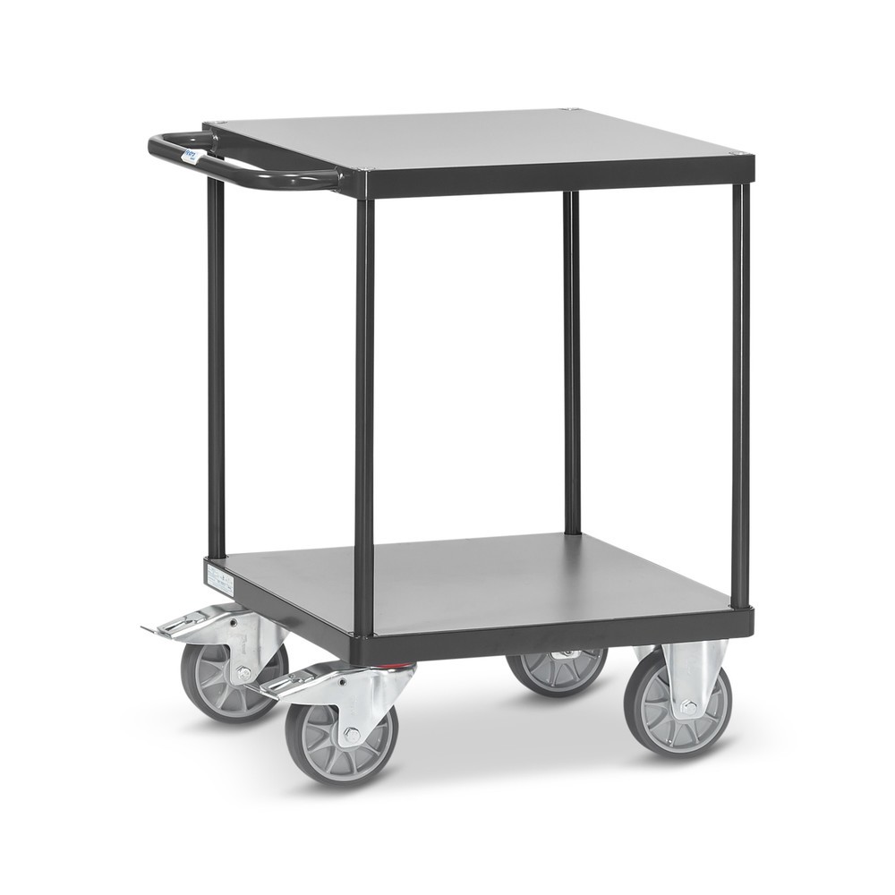 Image of Schwerer Tisch- und Montagewagen fetra® mit pulverbeschichtetem Rahmen Der schlagfeste Tischwagen fetra® ist mit bündig eingelegten Holzböden aus solider Holzwerkstoffplatte mit Buchendekor auf der Oberfläche ausgestattet. Ein waagerechter Schiebebügel un