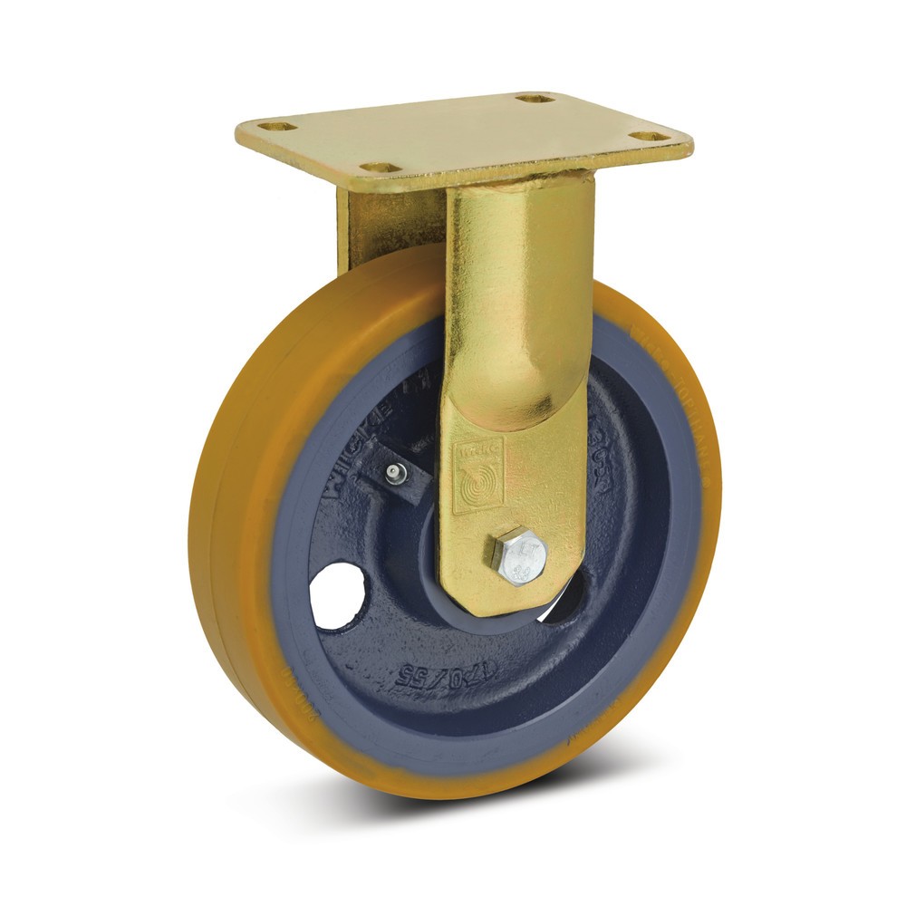 Image of Spurloses Fahren und ein geringer Rollwiderstand Die Schwerlast-Bockrolle Wicke PU besteht aus Polyurethan, ein Kunststoff mit vielen Vorteilen. Er hat eine hohe Elastizität, das macht ihn stossfest und gleicht Unebenheiten aus. Er kann zudem noch hoch be