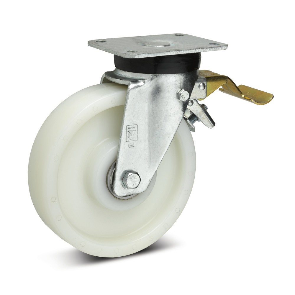 Image of Auch bei hohen Lasten effektiv bremsen Bis zu einem Gewicht von 900 kg kann die bruchsichere Schwerlast-Lenkrolle Wicke aus Polyamid belastet werden. Durch die Härte des Polyamids ist es eher für glatte und ebene Böden geeignet. Auf diesen läuft es ruhig 