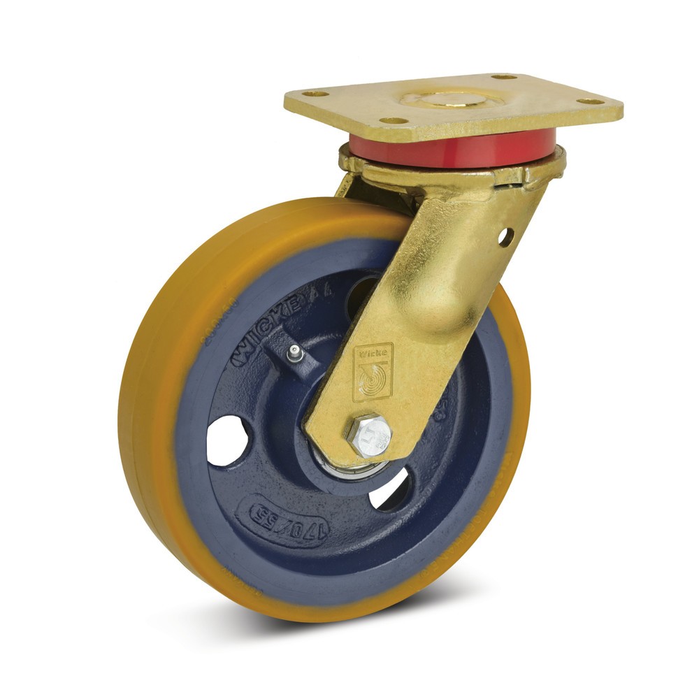 Image of Spurloses Fahren und ein geringer Rollwiderstand Die Schwerlast-Lenkrolle Wicke PU besteht aus Polyurethan, ein Kunststoff mit vielen Vorteilen. Er hat eine hohe Elastizität, das macht ihn stossfest und gleicht Unebenheiten aus. Er kann zudem noch hoch be