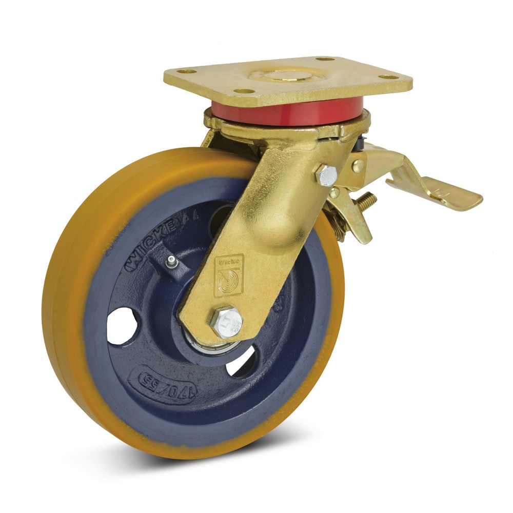 Image of Spurloses Fahren und ein geringer Rollwiderstand Die Schwerlast-Lenkrolle Wicke PU inkl. Feststeller im Vorlauf besteht aus Polyurethan, ein Kunststoff mit vielen Vorteilen. Er hat eine hohe Elastizität, das macht ihn stossfest und gleicht Unebenheiten au