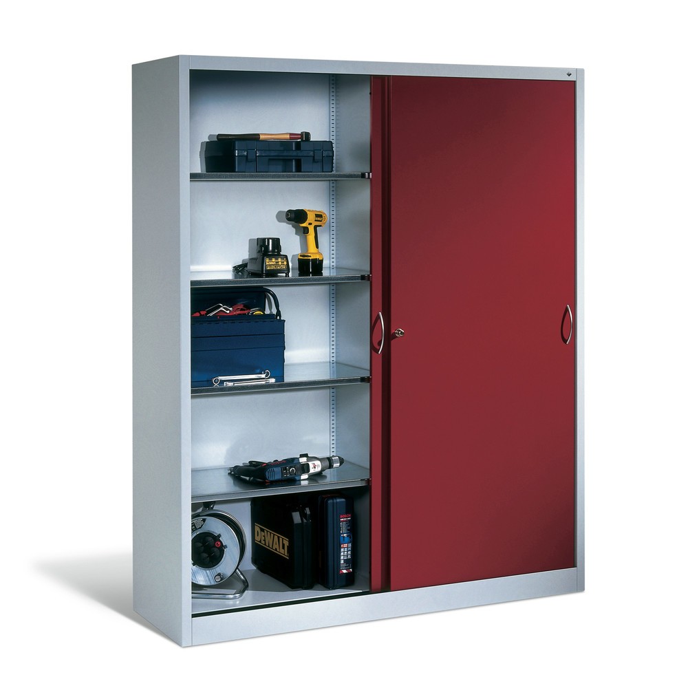 Image of Schwerlastschrank C+P für bestmögliche Raumnutzung in der Werkstatt Selbst in kleineren Räumen greifen Sie auf diesen Werkstattschrank mit Schiebetüren bequem zu. Die Türen erweisen sich dank einer hochwertig verarbeiteten Schienenführung mit Rollenlager 