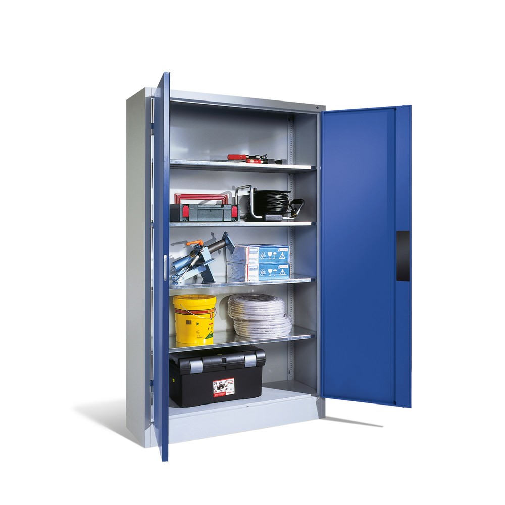 Image of Hochwertiger Schwerlastschrank C+P für grosse Aufgaben Dieser Werkstattschrank mit Flügeltüren hält grossen Belastungen mit Leichtigkeit stand. Sowohl die Türen als auch das Gehäuse bestehen aus starkem Stahlblech. Damit nur befugte Personen zum Inhalt Zu