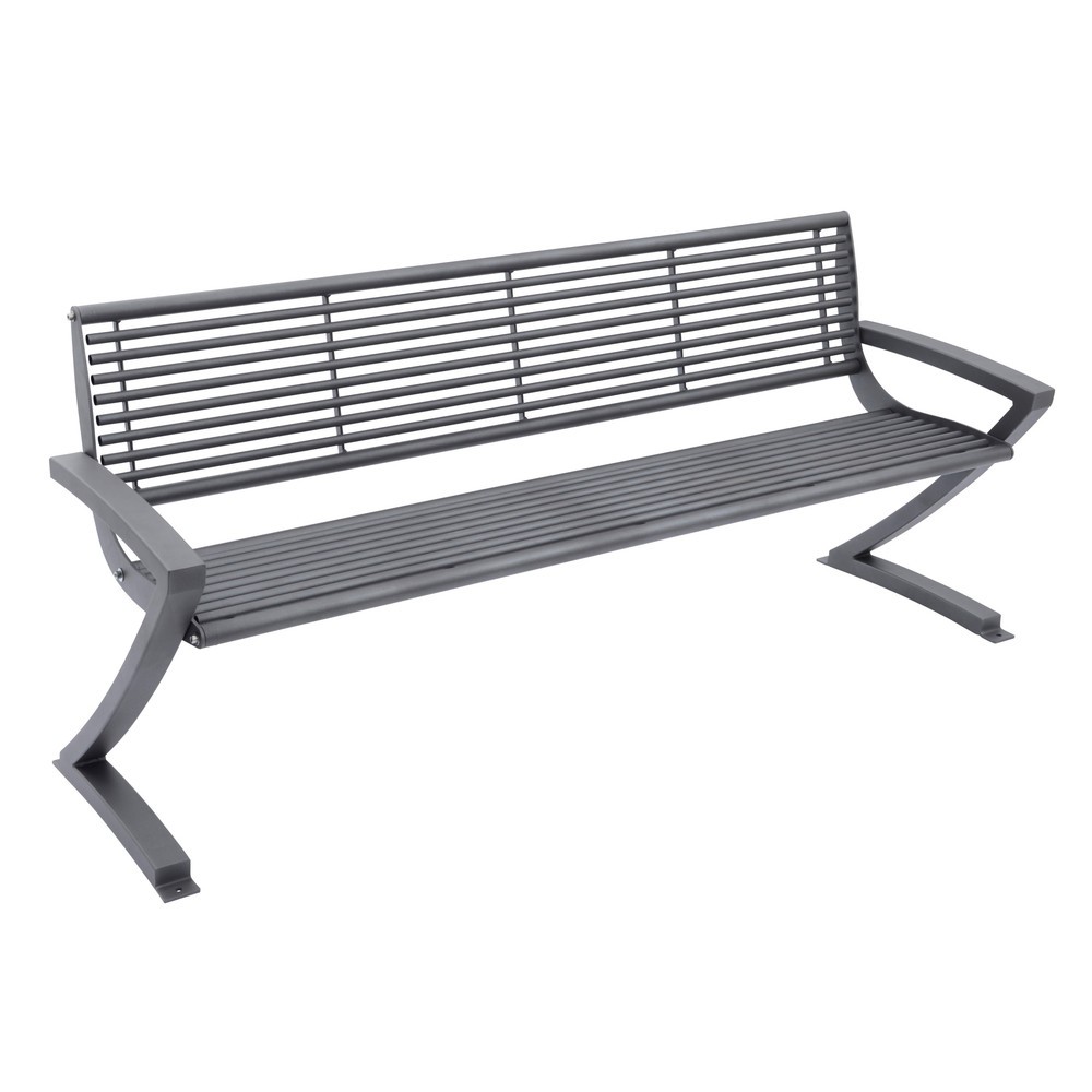 Image of Massives Sitzmöbel in Schwebe-Optik Die Sitzbank Zooro aus verzinktem, pulverbeschichtetem Stahl setzt auf modernes Design: Breite Seitenwangen fassen die robuste Sitz- und Rückenfläche aus Präzisionsrundrohr ein. Die z-förmige Mobilkufe geht in die Armle