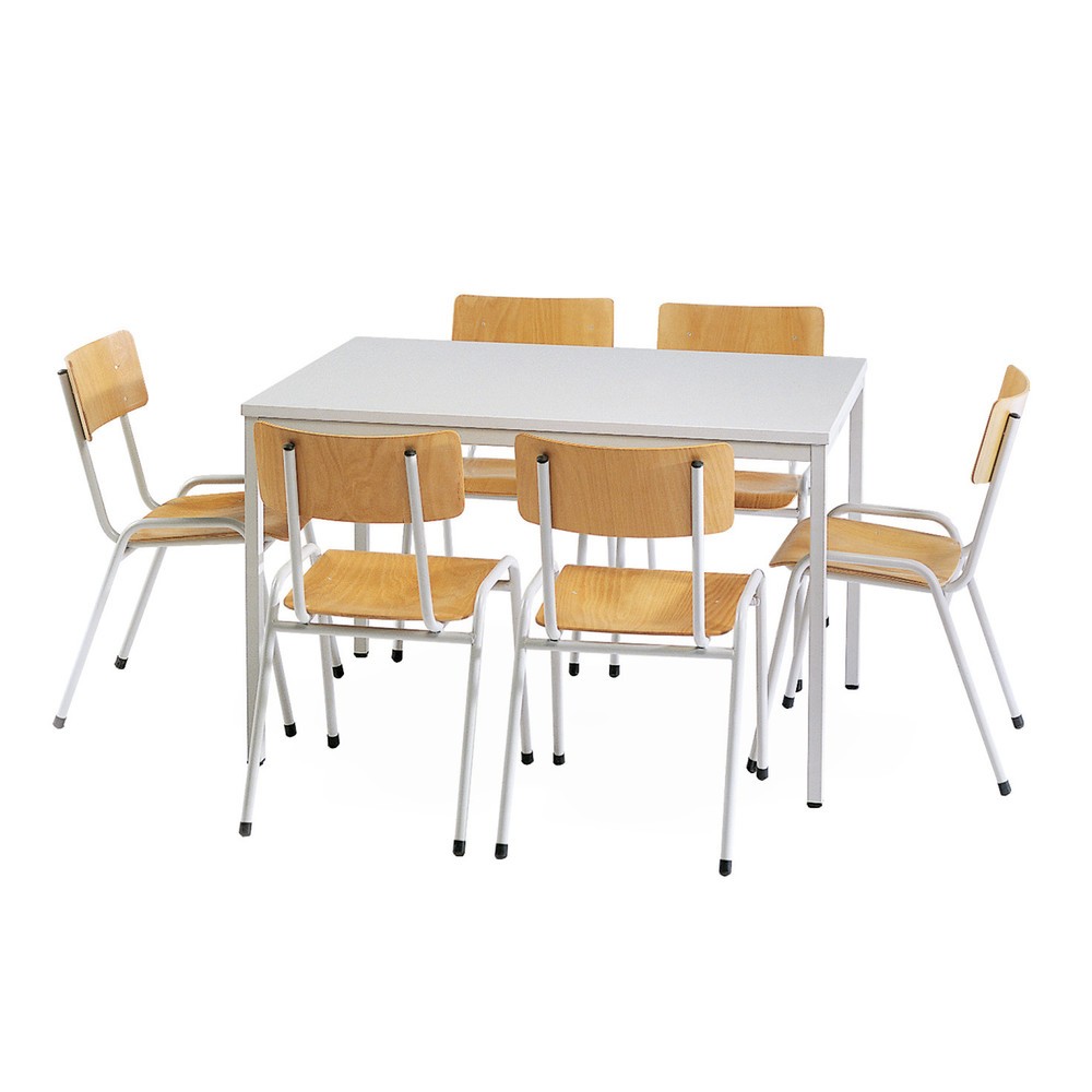 Image of Praktische und bequeme Sitzgruppe für Kantine oder Pausenraum Diese Sitzgruppe BASIC besteht aus 1 Tisch und wahlweise 4 oder 6 Stühlen und bietet so eine komplette, klassische Sitzgruppe. Der hellgraue Tisch besteht aus einem Vierkantrohr-Gestell und ein