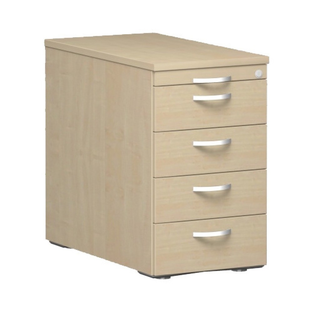 Image of  Masse B x T x H mm: 430 x 800 x 720; Anzahl Schubladen: 4; Material: Korpus aus 19 mm Dreischicht-Feinspanplatte, 2 mm ABS-Unleimer, gerundet; Material der Schublade: Metall; Farbe: lichtgrauStandcontainer mit 4 Schubladen, Ahorn Standcontainer mit 4 Sch