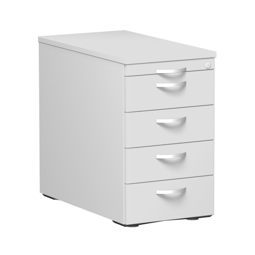 Image of  Masse B x T x H mm: 430 x 800 x 720; Anzahl Schubladen: 4; Material: Korpus aus 19 mm Dreischicht-Feinspanplatte, 2 mm ABS-Unleimer, gerundet; Material der Schublade: Metall; Farbe: lichtgrauStandcontainer mit 4 Schubladen, lichtgrau Standcontainer mit 4