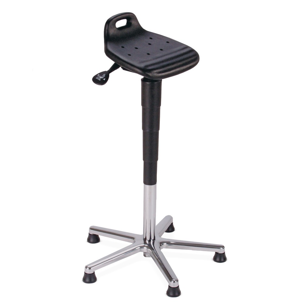 Image of Drehbare Stehhilfe mit PU-Sitz zur Entlastung von Füssen und Rücken Wer an seinem Arbeitsplatz Bewegungsfreiheit und Flexibilität benötigt, verfügt mit diesem Hochstuhl über eine funktionale Lösung. Die Stehhilfe mit PU-Sitz ist drehbar um 360°, höhenvers