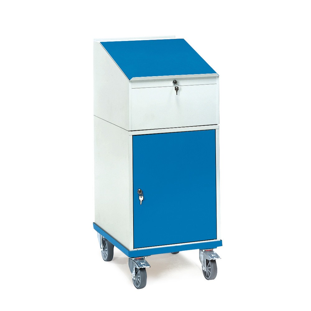 Image of Stabiles und praktisches Stehpult fetra®: fahrbar mit unter gebautem Flügeltürschrank Dieser mobile Rollschrank mit Schreibpult-Aufsatz eignet sich als Prüfstand für Qualitätskontrollen im Lager, Versand und in der Produktion. Das Stehpult ist aus stabile