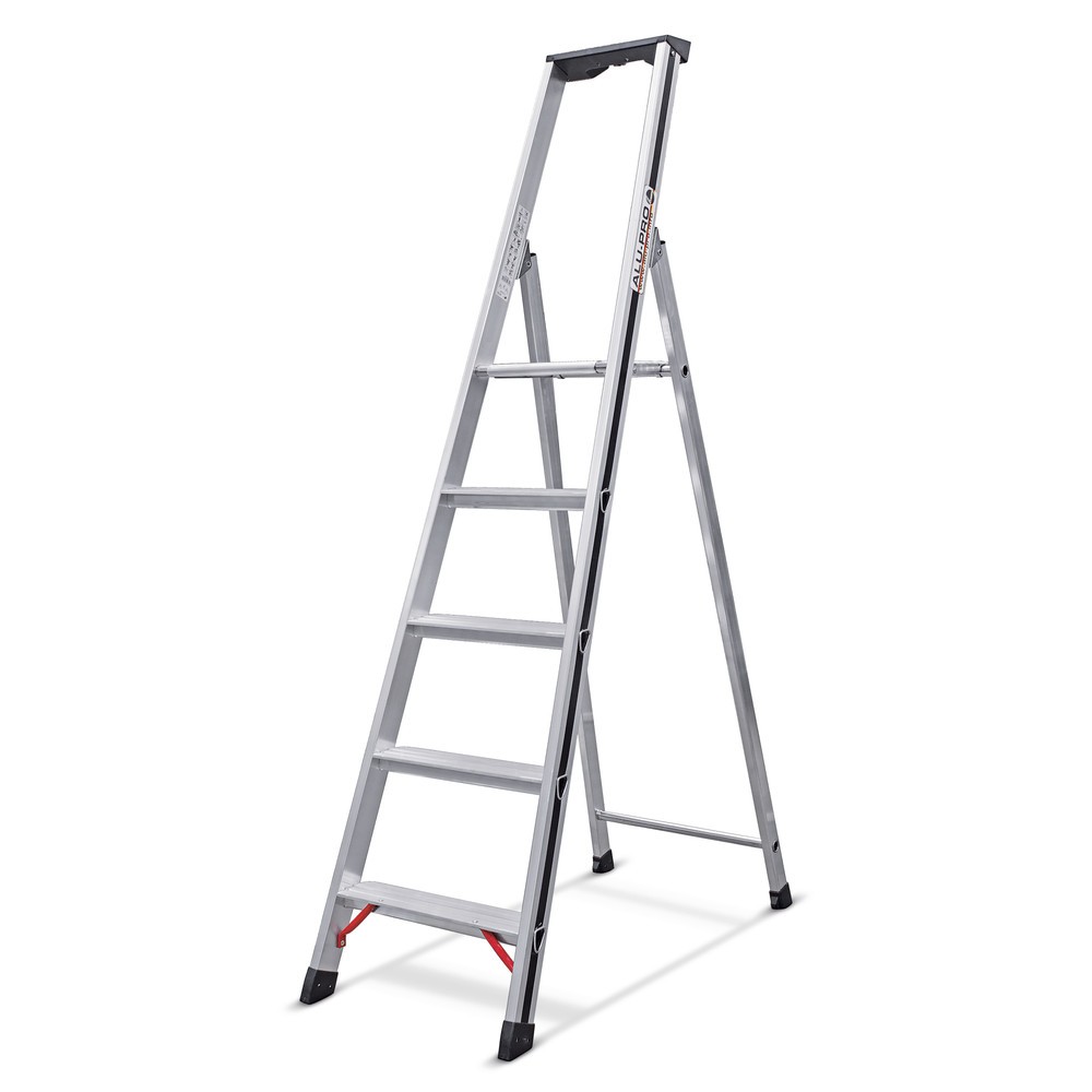 Image of Stufenstehleiter HYMER Alu-Pro: konisch, 1-seitig begehbar, vielseitig verwendbar Beim Arbeiten in der Höhe kommt es besonders auf den Arbeitsschutz an. Die Alu-Stufenstehleiter von HYMER bietet Ihnen ein hohes Mass an Sicherheit: Auf den 80 mm tiefen Stu