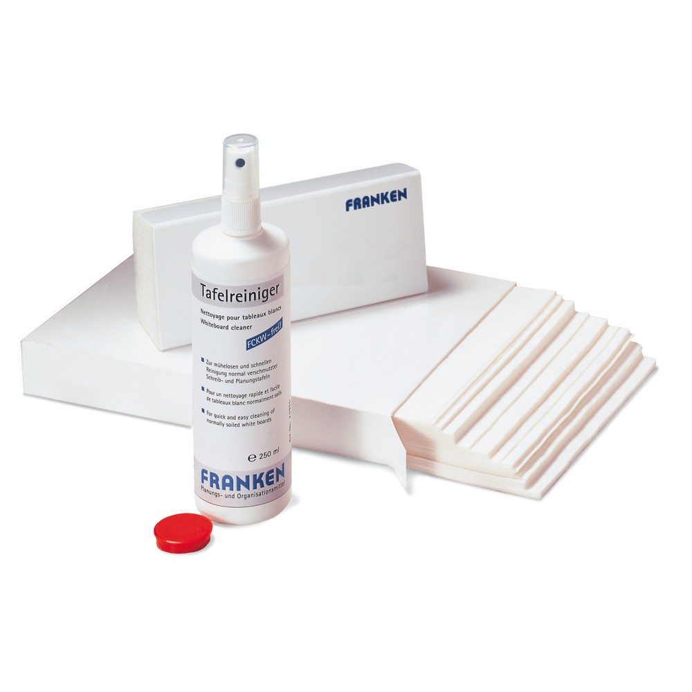 Image of  Inhalt: 1 magnetischer Tafelwischer, 100 Blatt Löschpapier, 1 ReinigungssprayTafelreiniger-Set FRANKEN für Schreibtafeln Tafelreiniger-Set FRANKEN für Schreibtafeln