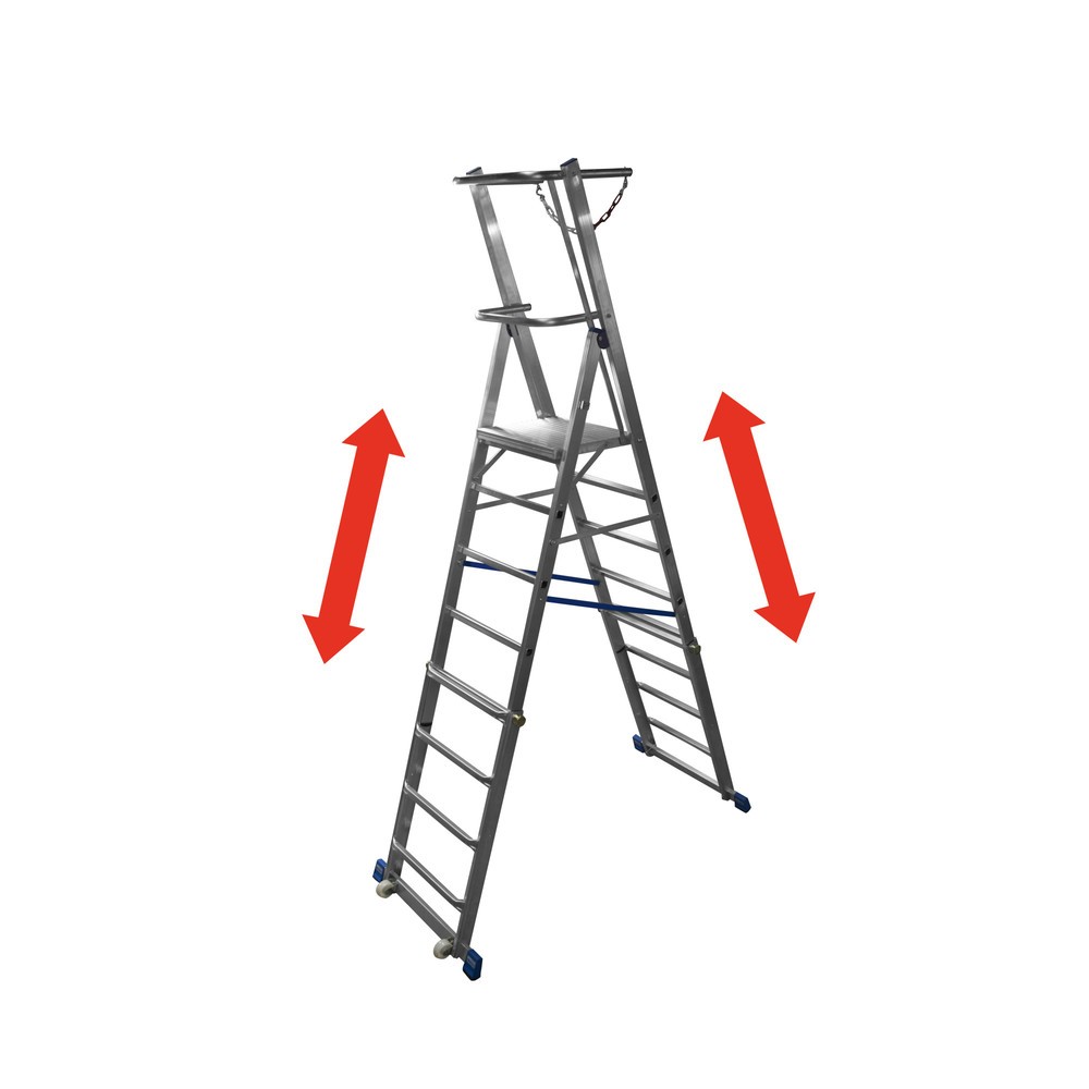 Image of  Tragkraft: 150 kg; Stufentiefe mm: 80; Plattformoberfläche: Aluminium-gerieft; Klapptiefe mm: 210; Sprossenanzahl min.: 6; Sprossenanzahl max.: 8; Arbeitshöhe 6/7/8 Sprossen m: 3,60 / 3,85 / 4,10; Standhöhe 6/7/8 Sprossen m: 1,60 / 1,85 / 2,10; Gesamtlän