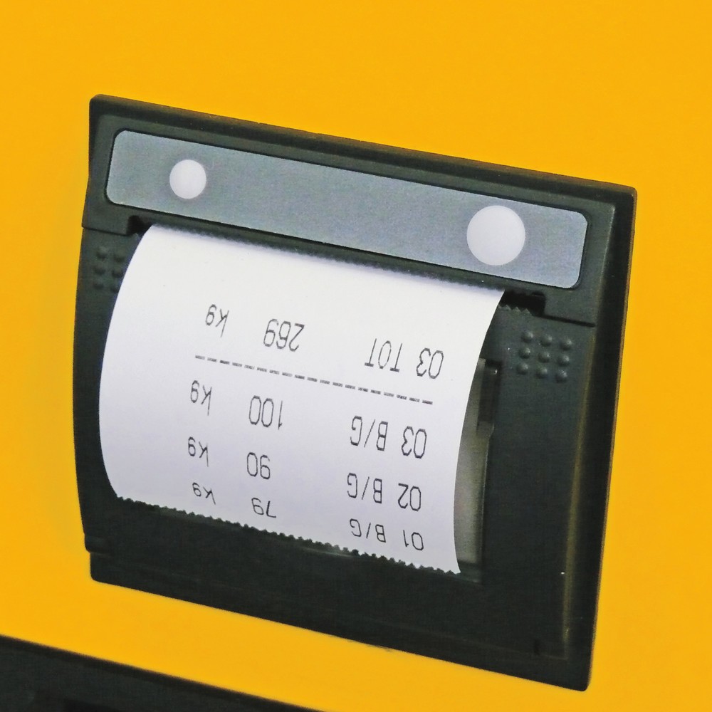 Image of Vielfältige Auswertungsmöglichkeiten mit dem Drucker für den Wiege-Hubwagen Jungheinrich™ AMW 22p Der Drucker für den Handhubwagen AMW 22p funktioniert über ein Thermodruckverfahren. Sie geben hitzeempfindliches Papier in den Drucker, das Druckergebnis wi