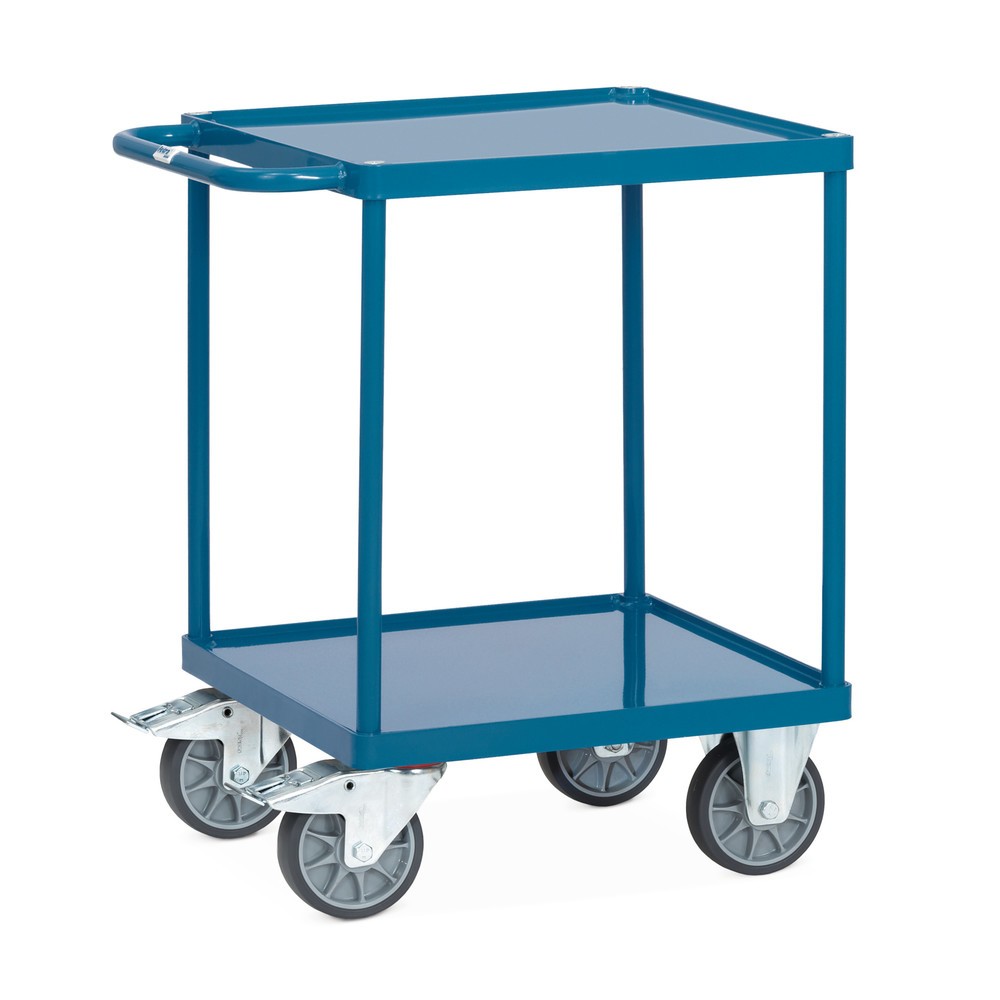 Image of Pulverbeschichteter Tisch-und Montagewagen fetra® mit Stahlblechwannen Der robuste Wagen aus geschweisstem Stahlrohr und Profilstahl hat 2 Etagen mit jeweils einer öldicht verschweissten Stahlblechwanne. An den Aussenseiten haben die soliden Wannen einen 