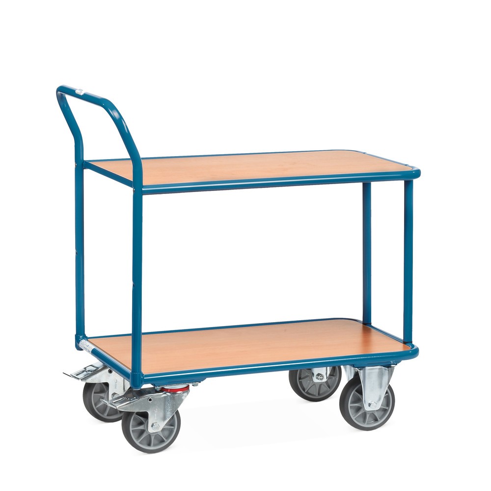 Image of Tischwagen fetra® mit pulverbeschichtetem Rahmen Der schlagfeste Tischwagen fetra® ist mit bündig eingelegten Holzböden aus solider Holzwerkstoffplatte mit Buchendekor auf der Oberfläche ausgestattet. Über den grossen, abgewinkelten Schiebebügel und 2 Len